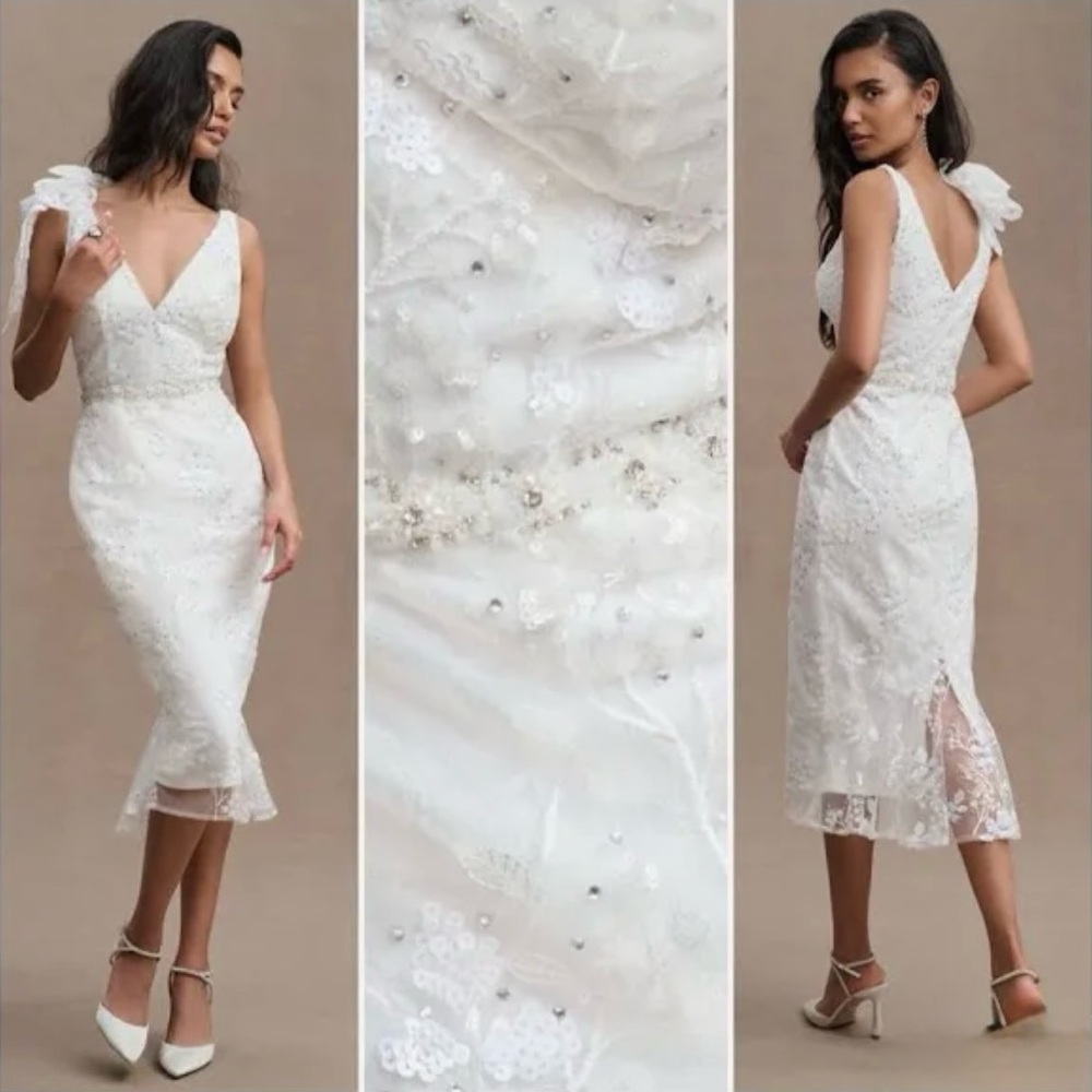 NWT Mac Duggal 79337 Embellished White Mesh V-Neck Midi Dress - Size 2